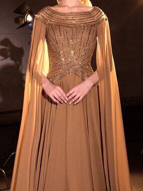 NWT Ladivine CL08 Bateau Neck Beaded Cape Evening Dress Bronze size 20